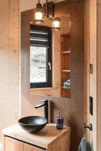 汉堡Luxus-Hausboot DIVA mit Kamin的一间带水槽和镜子的浴室