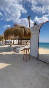 艾因苏赫纳Il monte galala Sea view Chalet المونت جلاله的海滩上的带草伞的野餐桌
