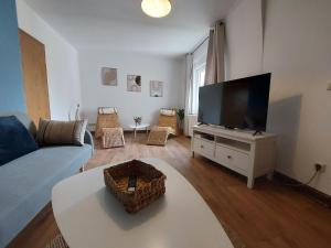 比勒费尔德Cozy Home, 7 Beds, WiFi, Kitchen, Balcony, Bielefeld Center的带沙发和平面电视的客厅