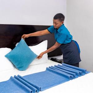 达累斯萨拉姆Velmont Hotel的女人把蓝色枕头放在床上