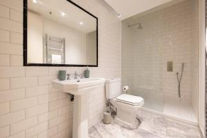 伦敦Central Soho Loft with A C & Concierge的一间带卫生间、水槽和镜子的浴室