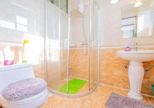 内罗毕Tribal Themed 3BR Penthouse的带淋浴、卫生间和盥洗盆的浴室