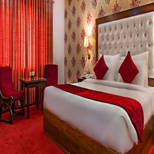 新德里Hotel De Huespedes near international airport的一间卧室配有一张大床和红地毯