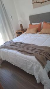 卡法亚特Alpine View Chalet Cafayate的卧室配有带橙色枕头的大型白色床