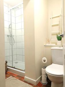 惠特彻奇Charming Terrace Home in Whitchurch的一间带卫生间和玻璃淋浴间的浴室