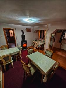 伯伊莱海尔库拉内Casa Miclau的客厅配有桌椅和燃木炉