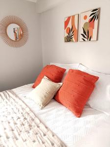 惠特彻奇Charming Terrace Home in Whitchurch的一张带两个橙色枕头和镜子的床