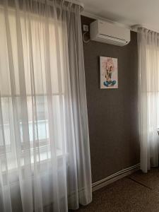 利沃夫Yurus Hostel的一间设有白色窗帘和窗户的客房