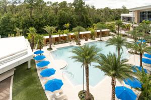 奥兰多JW Marriott Orlando Bonnet Creek Resort & Spa的享有棕榈树和蓝伞游泳池的顶部景致
