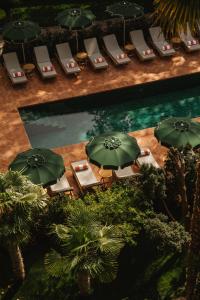 博尔扎诺Parkhotel Mondschein, a Member of Design Hotels的享有带椅子和遮阳伞的游泳池的上方景致