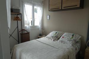 邦多勒Les jardins de Bandol, piscine et mer的一间卧室配有一张带枕头和窗户的床