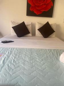 瓜鲁雅Hotel Iracemar - Piscina Aquecida的一张带黑色枕头的白色床和红色绘画