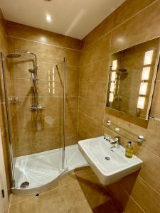 恩尼斯基林3 Castle Hume Court Holiday House的带淋浴、盥洗盆和淋浴的浴室