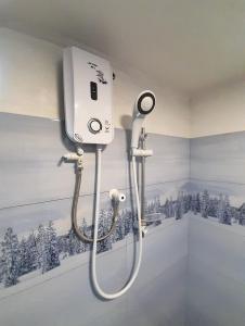 努沃勒埃利耶Townside Lodge的带淋浴的浴室,配有壁画