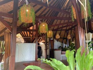 涛岛Kohtao Heritage Hideaway的客房拥有木制天花板、吊灯和植物