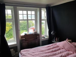 约维克Unik eiendom i Gjøvik sentrum的一间卧室设有粉红色的床和2个窗户。