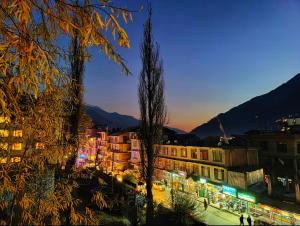 马拉里Surya International Hotel Manali near Mall Road的夜晚带灯光的城市景观