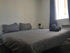 圣瑞尼安Appartement en entier的一间卧室配有一张带毯子的床和窗户