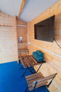 克莉丝蒂娜岛ZALUAY - Habitaciones de madera的一间设有两把椅子和一台平面电视的桑拿浴室