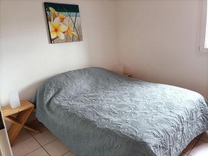 格吕桑Fleur De Sel的卧室配有一张床,墙上挂有绘画作品