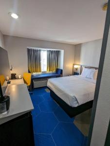 拉皮德城拉皮德城密克罗泰尔旅馆及套房酒店的一间卧室配有一张床、一张书桌和一个窗户。