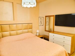 地拉那Central Luxe Apartment的一间卧室配有一张床和一台平面电视