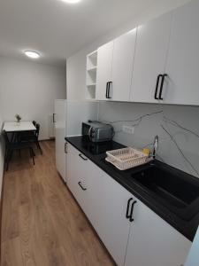 莫斯特纳索契Apartma David的厨房配有白色橱柜、水槽和桌子