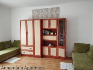 久洛Bányai Apartman的客厅设有书架和沙发