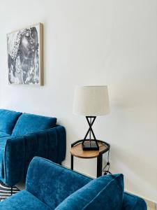 利伯维尔Bienvenue au centre-ville de Libreville的客厅配有2张蓝色的沙发和1盏灯。