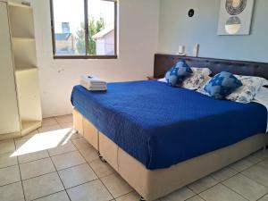 塔尔卡瓦诺Hotel Mar Sur的一间卧室配有一张带蓝色床单的床和一扇窗户。