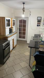 DzierzążnoKaszuby, agroturystyka z alpakami- pokój z łazienką的厨房配有水槽和炉灶 顶部烤箱