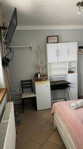DzierzążnoKaszuby, agroturystyka z alpakami- pokój z łazienką的一个带书桌的厨房和一张位于客房内的床