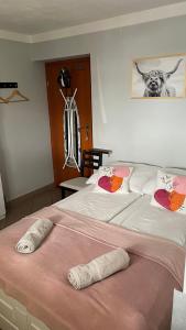 DzierzążnoKaszuby, agroturystyka z alpakami- pokój z łazienką的一间卧室配有两张带枕头的床。