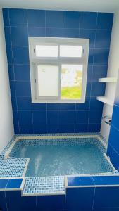 Juan de AcostaAzulRest Casa de Verano的蓝色瓷砖浴室设有窗户和浴缸