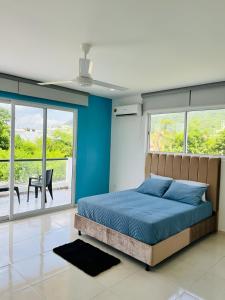 Juan de AcostaAzulRest Casa de Verano的一间卧室配有一张蓝色墙壁和窗户的床