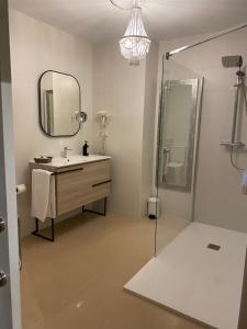 多摩列瓦纳科卡尔旅馆的浴室配有盥洗盆和带镜子的淋浴