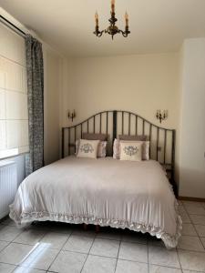 Razac-sur-lʼIsleAppartements Vallée Verte的卧室配有一张带白色床单和枕头的大床。