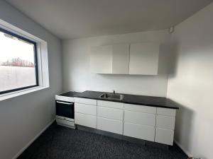 哥本哈根Airport Room的白色的厨房设有水槽和窗户