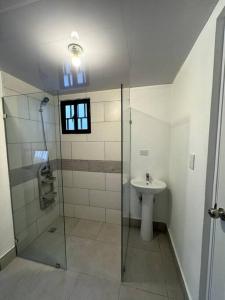 圣多明各Cozy 2 Bedroom Apartment.的带淋浴和盥洗盆的浴室