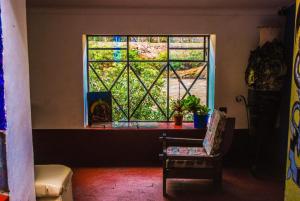 皮萨克Aguaymanto pisac hostel的客房设有带椅子和桌子的窗户。