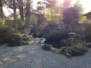 富士吉田市Mt Fuji Historical Oshi house hitsuki的一座花园,里面的猫坐在砾石上