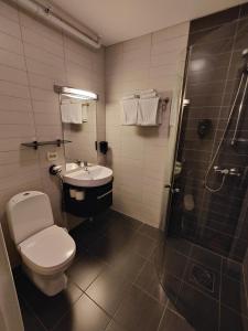 Hamn塞尼亚岛港口酒店的浴室配有卫生间、盥洗盆和淋浴。