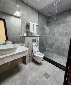 迪巴Mirage Bab Al Bahr Beach Resort的浴室配有卫生间、盥洗盆和淋浴。