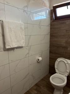 帕莫瑞Stoyko's Guest House的一间带卫生间、窗户和毛巾的浴室