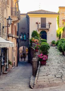 圣马力诺antica bifora rsm的街道上种有盆栽植物和建筑的小巷