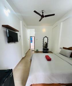 Goasun and sea guest house calangute的一间卧室配有一张大床和吊扇