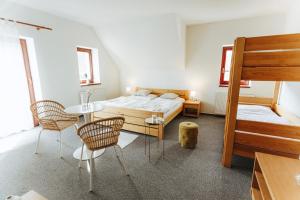 ChvalšinyPenzion Adien的卧室配有一张床和一张桌子及椅子