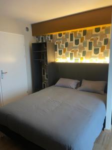 勒阿弗尔Smart Appart Le Havre 105的一间卧室配有一张位于上面的光线的床