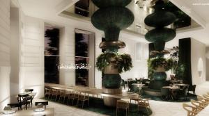 布达佩斯Kimpton Bem Budapest, an IHG Hotel的一间带桌椅和大花瓶的餐厅