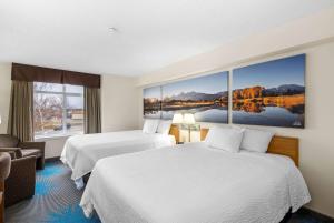 大瀑布城大瀑布城戴斯酒店的酒店客房设有两张床和大窗户。